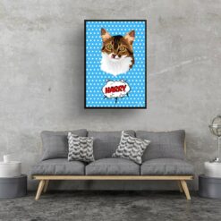 Blue dots Custom Pop Art Style Cat Portrait - Framed & Un-framed Pet illustration print from photo 17 retro pop art pet portrait cat blue dots print living room