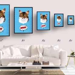 Blue dots Custom Pop Art Style Cat Portrait - Framed & Un-framed Pet illustration print from photo 19 retro pop art pet portrait cat blue dots print size comparison