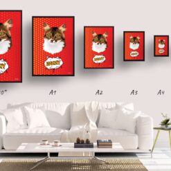 Dash Custom Pop Art Style Cat Portrait - Framed & Un-framed Pet illustration print from photo 19 retro pop art pet portrait cat dash print size comparison