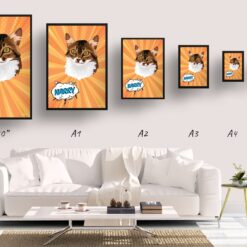 Orange blast Custom Pop Art Style Cat Portrait - Framed & Un-framed Pet illustration print from photo 19 retro pop art pet portrait cat orange blast print size comparison
