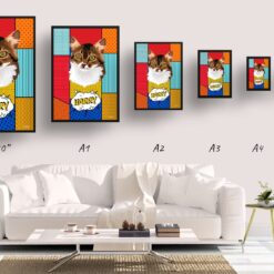 Patchwork Custom Pop Art Style Cat Portrait - Framed & Un-framed Pet illustration print from photo 19 retro pop art pet portrait cat patchwork print size comparison