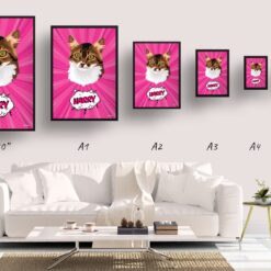Pink splash Custom Pop Art Style Cat Portrait - Framed & Un-framed Pet illustration print from photo 18 retro pop art pet portrait cat pink splash print size comparison