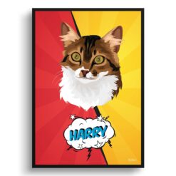 Red yellow split Custom Pop Art Style Cat Portrait -  Framed & Un-framed Pet illustration print from photo