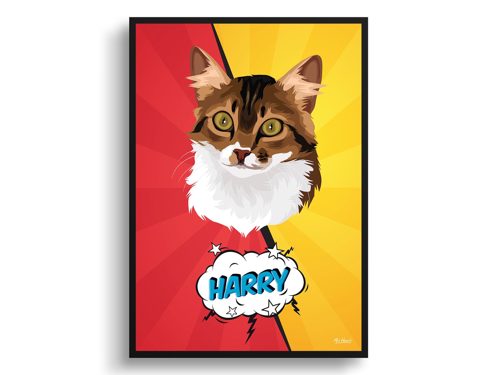 Red yellow split Custom Pop Art Style Cat Portrait - Framed & Un-framed Pet illustration print from photo 3 Red yellow split Custom Pop Art Style Cat Portrait - Framed & Un-framed Pet illustration print from photo