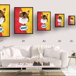Red yellow split Custom Pop Art Style Cat Portrait - Framed & Un-framed Pet illustration print from photo 19 retro pop art pet portrait cat red yellow split print size comparison
