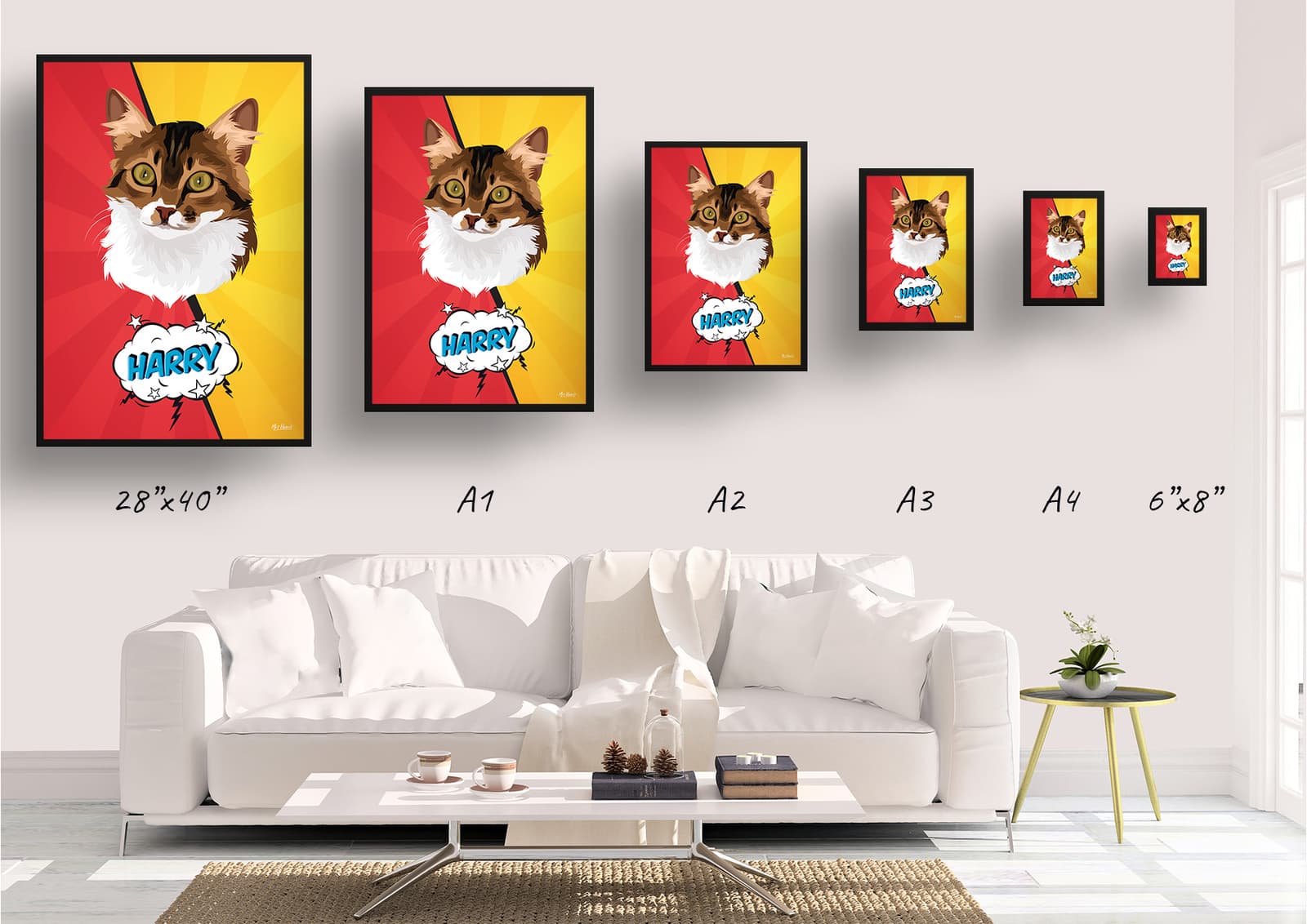 Red yellow split Custom Pop Art Style Cat Portrait - Framed & Un-framed Pet illustration print from photo 11 Red yellow split Custom Pop Art Style Cat Portrait - Framed & Un-framed Pet illustration print from photo - Image 9