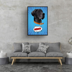 retro pop art pet portrait dog blue blast print living room