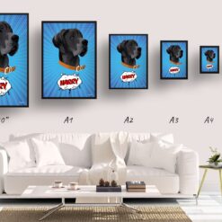 retro pop art pet portrait dog blue blast print size comparison