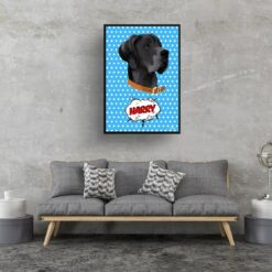Blue dots Custom Pop Art Style Dog Portrait - Framed & Un-framed Pet illustration print from photo 17 retro pop art pet portrait dog blue dots print living room