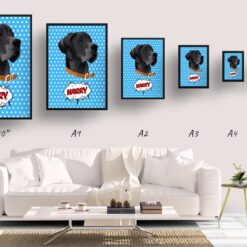 Blue dots Custom Pop Art Style Dog Portrait - Framed & Un-framed Pet illustration print from photo 19 retro pop art pet portrait dog blue dots print size comparison