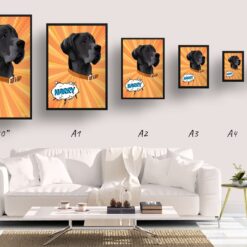 Orange blast Custom Pop Art Style Dog Portrait - Framed & Un-framed Pet illustration print from photo 19 retro pop art pet portrait dog orange blast print size comparison