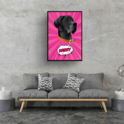 Pink splash Custom Pop Art Style Dog Portrait - Framed & Un-framed Pet illustration print from photo 16 retro pop art pet portrait dog pink splash print living room