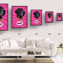 Pink splash Custom Pop Art Style Dog Portrait - Framed & Un-framed Pet illustration print from photo 18 retro pop art pet portrait dog pink splash print size comparison