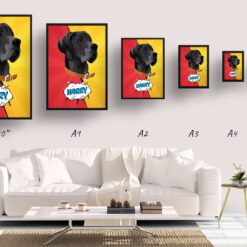 Red yellow split Custom Pop Art Style Dog Portrait - Framed & Un-framed Pet illustration print from photo 19 retro pop art pet portrait dog red yellow split print size comparison