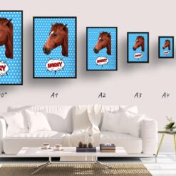 retro pop art pet portrait horse blue dots print size comparison