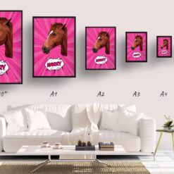 retro pop art pet portrait horse pink splash print size comparison
