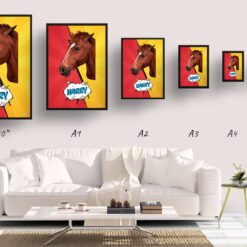 Red yellow split Custom Pop Art Style Horse Portrait - Framed & Un-framed Pet illustration print from photo 19 retro pop art pet portrait horse red yellow split print size comparison