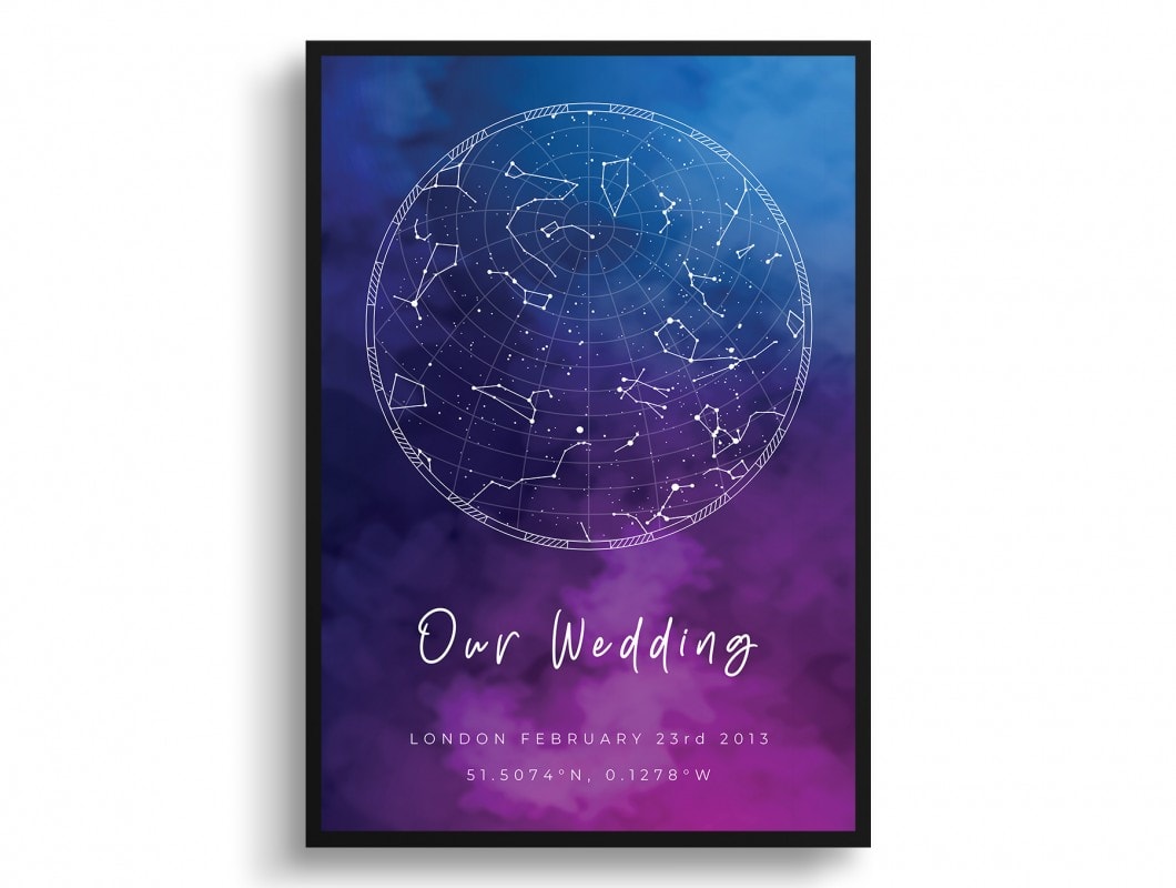 sky background white text our wedding print front view white