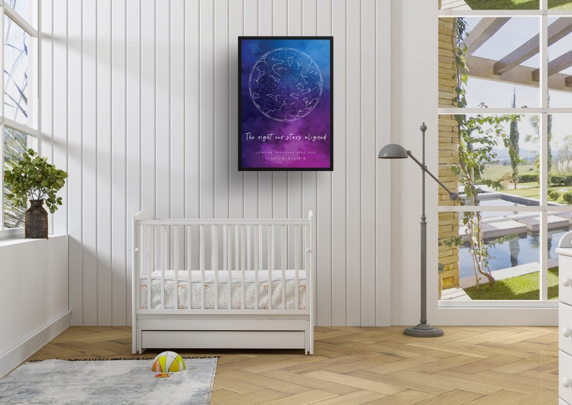 sky background white text the night our stars aligned blue purple print kids room