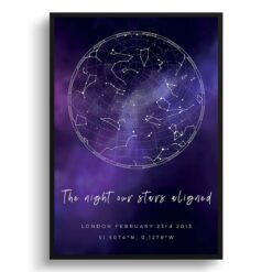 sky background white text the night our stars aligned purple print front view white
