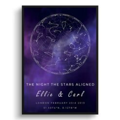 sky background white text two lines purple print front view white