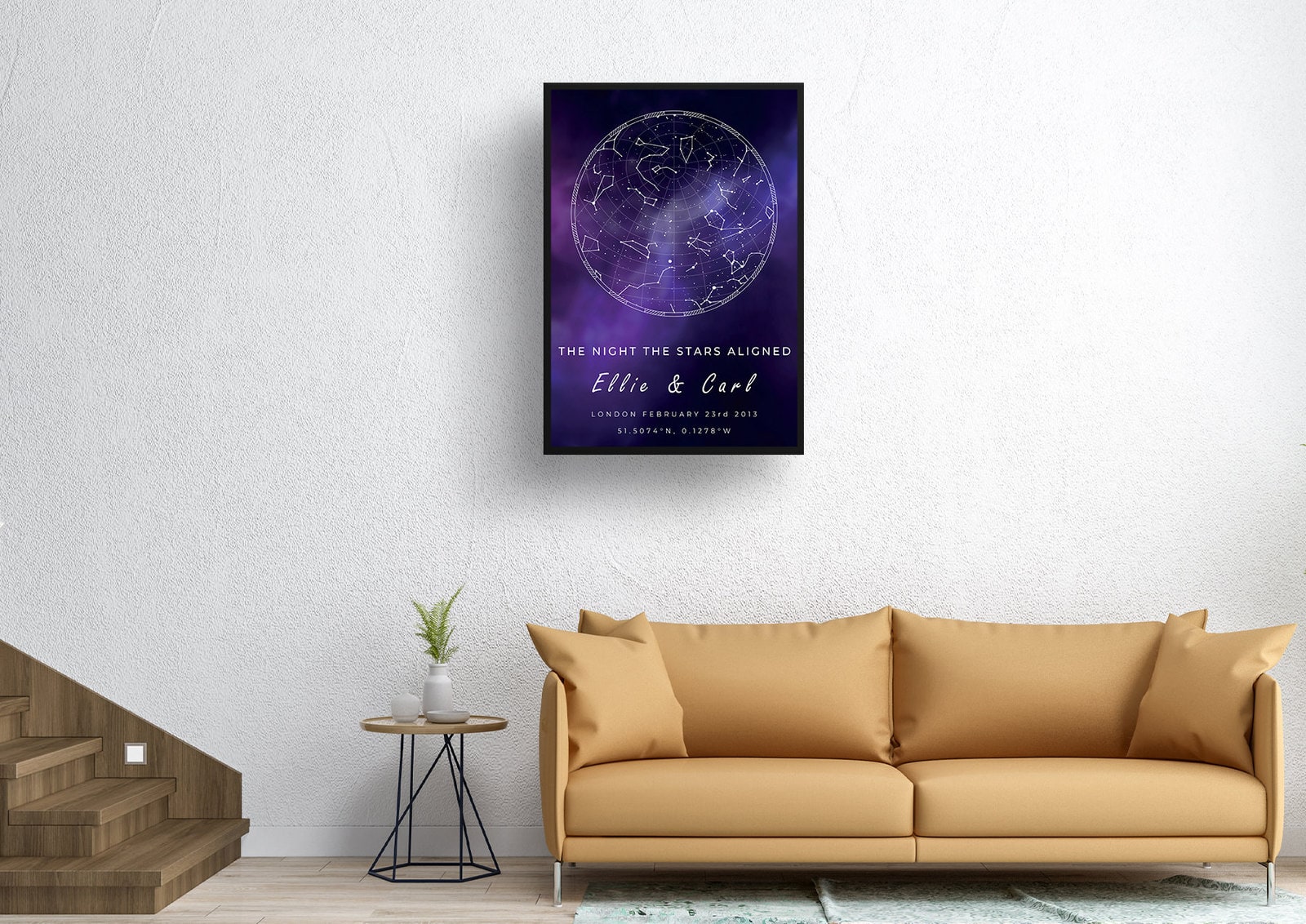 sky background white text two lines purple print living room