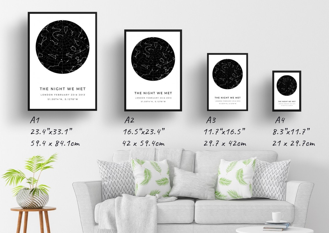 Classic White Background Custom Star Map - Personalized Constellation Map Print Framed & Unframed Wall Art 57 starmaps white background solid colour black print print size comparison