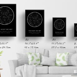 Classic Custom Star Map - Personalized Constellation Map Print Framed & Unframed Wall Art 24 starmaps white text solid colour black print print size comparison