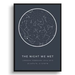 Classic Custom Star Map - Personalized Constellation Map Print Framed & Unframed Wall Art 25 starmaps white text solid colour graphite print front view white