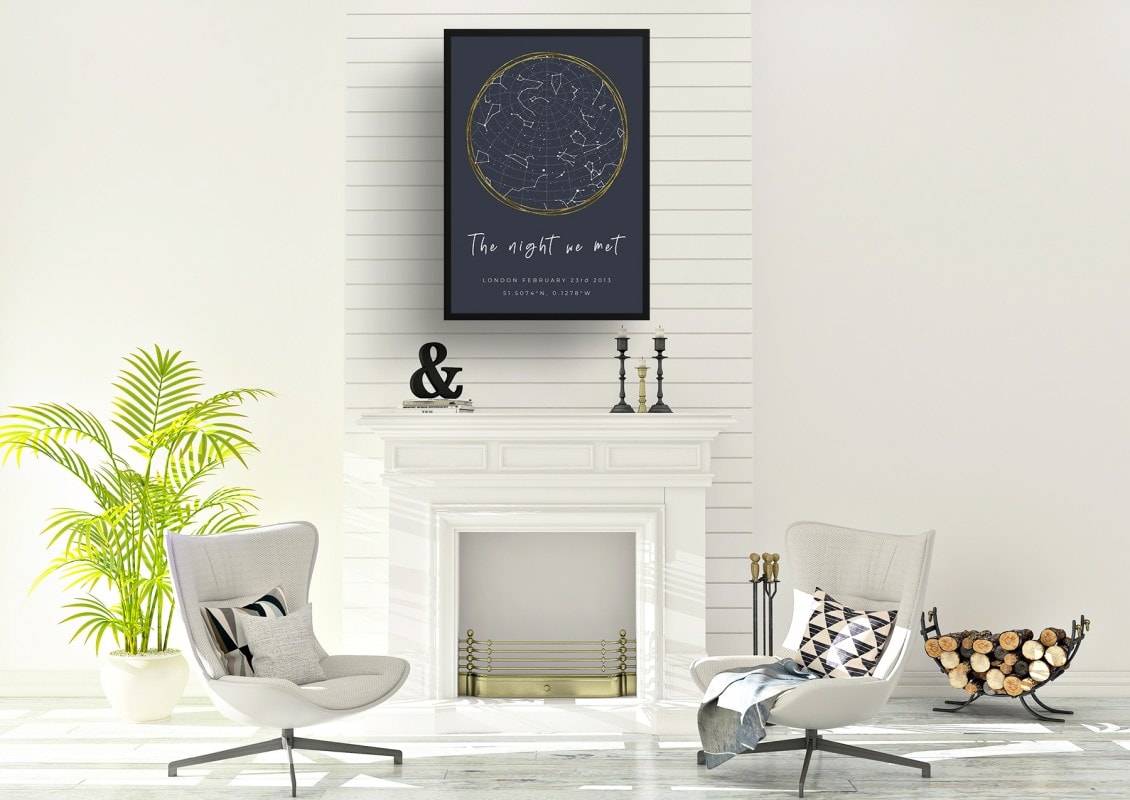 starmaps white text solid colour hand drawn graphite gold circle print office