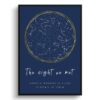 Line Drawing Custom Star Map - Personalized Constellation Map Print Framed & Unframed Wall Art 1 starmaps white text solid colour hand drawn navy gold circle print front view white