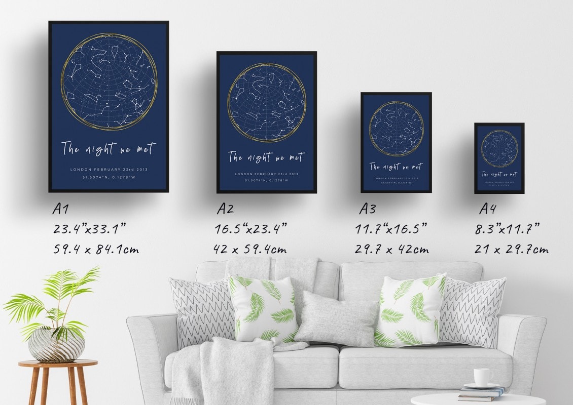 starmaps white text solid colour hand drawn navy gold circle print print size comparison
