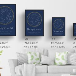 starmaps white text solid colour hand drawn navy gold circle print print size comparison