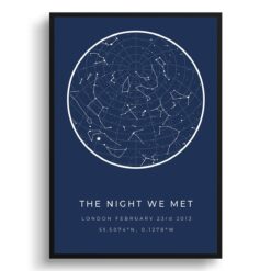 Classic Custom Star Map - Personalized Constellation Map Print Framed & Unframed Wall Art 26 starmaps white text solid colour navy print front view white