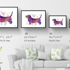 Basset Hound Watercolour Splash Print - Dog Inspired Framed & Unframed Wall Art 12 watercolour splash dogs basset hound print landscape framed art print size comparison