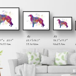 Borzoi Watercolour Splash Print - Dog Inspired Framed & Unframed Wall Art 11 watercolour splash dogs borzoi print landscape framed art print size comparison