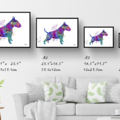 Bull Terrier Watercolour Splash Print - Dog Inspired Framed & Unframed Wall Art 11 watercolour splash dogs bull terrier print landscape framed art print size comparison