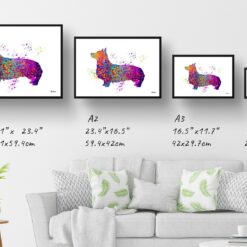 Corgi Watercolour Splash Print - Dog Inspired Framed & Unframed Wall Art 12 watercolour splash dogs corgi print landscape framed art print size comparison