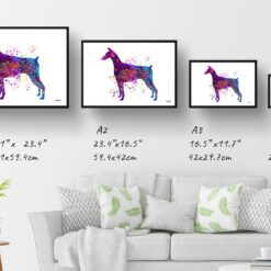 Doberman Watercolour Splash Print - Dog Inspired Framed & Unframed Wall Art 12 watercolour splash dogs doberman print landscape framed art print size comparison