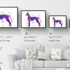 Ibizan Hound Watercolour Splash Print - Dog Inspired Framed & Unframed Wall Art 11 watercolour splash dogs ibizan hound print landscape framed art print size comparison
