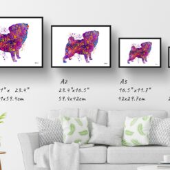 Pug Watercolour Splash Print - Dog Inspired Framed & Unframed Wall Art 12 watercolour splash dogs pug print landscape framed art print size comparison