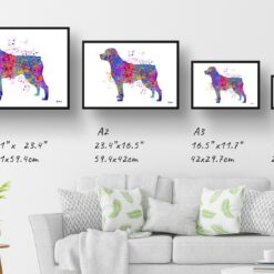 Rottweiler Watercolour Splash Print - Dog Inspired Framed & Unframed Wall Art 12 watercolour splash dogs rottweiler print landscape framed art print size comparison