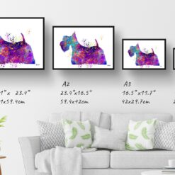 Scottish Terrier Watercolour Splash Print - Dog Inspired Framed & Unframed Wall Art 12 watercolour splash dogs scottish terrier print landscape framed art print size comparison