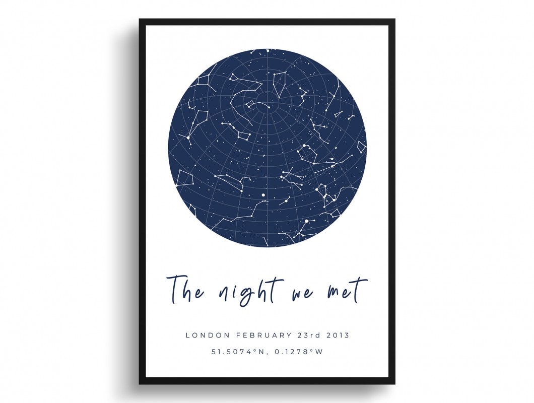 Classic White Background Custom Star Map - Personalized Constellation Map Print Framed & Unframed Wall Art 49 white background solid colour navy handwritten print front view white