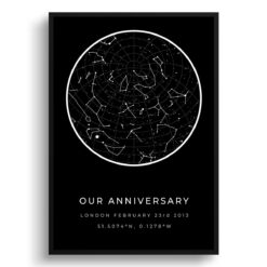 Classic Custom Star Map - Personalized Constellation Map Print Framed & Unframed Wall Art 28 white text solid colour our anniversary print front view white