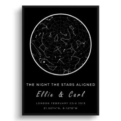 Classic Custom Star Map - Personalized Constellation Map Print Framed & Unframed Wall Art 30 white text solid colour two lines black print front view white