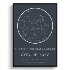 Classic Custom Star Map - Personalized Constellation Map Print Framed & Unframed Wall Art 31 white text solid colour two lines graphite print front view white