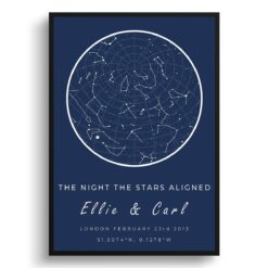 Classic Custom Star Map - Personalized Constellation Map Print Framed & Unframed Wall Art 32 white text solid colour two lines navy print front view white