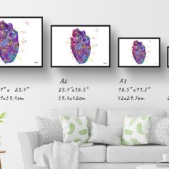 Heart Anatomy Watercolour Print Cardiologist Medical Doctor Office Clinic Wall Art 13 paint splash medical heart landscape framed art print size comparison