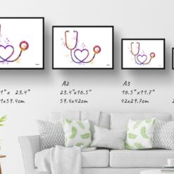 Stethoscope Watercolour Print Medical Tools Nurse & Doctor Office Clinic Wall Art 13 paint splash medical stethoscope landscape framed art print size comparison